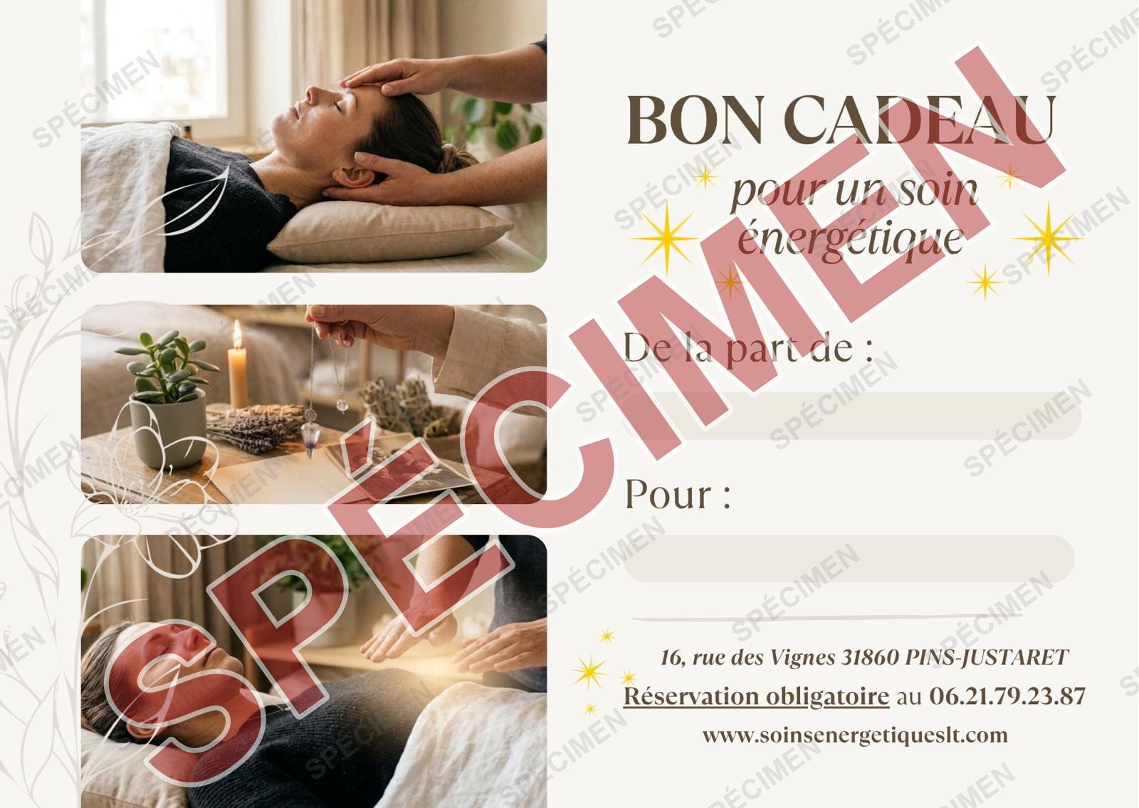 Exemple de bon cadeau Laetitia TRY, soins énergétiques (spécimen)